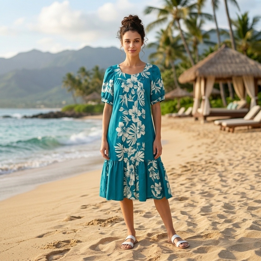 Royal Creations Hawaiian Midi Dress Teal Blue Hibiscus Tropical Vacation Mumu S